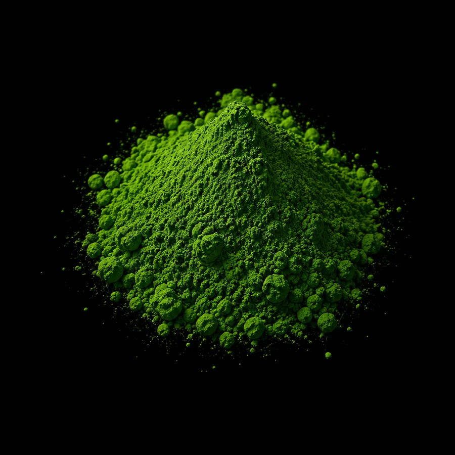 Asahi koicha grade matcha powder mounded on black, the deepest green in the range