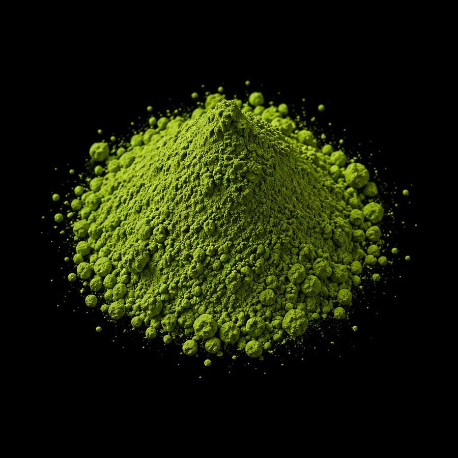 Barista grade matcha powder for lattes, mounded on black