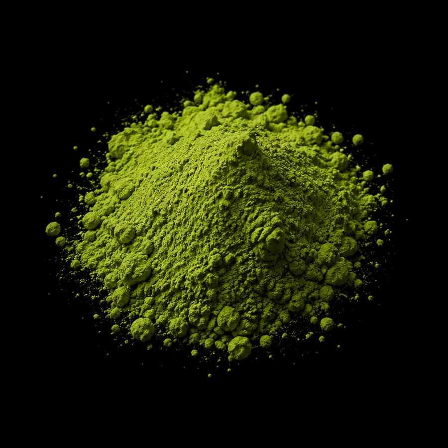 Confectionery grade matcha powder mounded on black